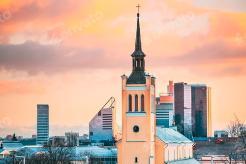 Preview: Tallinn, Estonia. Morning View Cityscape Of Church Of St. John Jaani Kirik Is Large Lutheran Parish
