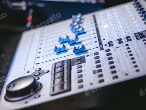 Preview: Professional Recording Studio. Interface of equipment for sound processing. Fader