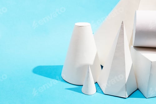 Preview: many hand-crafted paper geometric solids close up