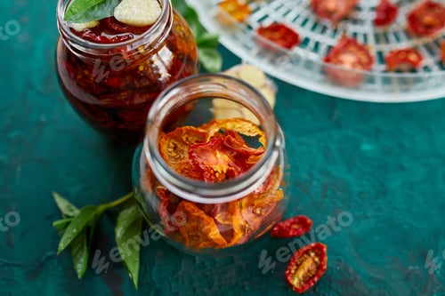 Preview: Homemade sun dried tomatoes with herbs, garlic in olive oil in a glass jar