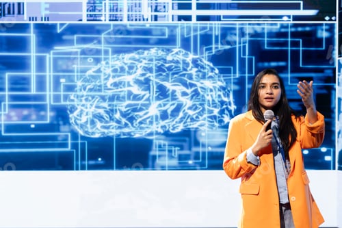 Preview: Engaging speaker talking at AI conference, sharing industry expertise