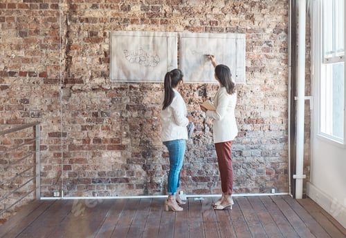 Preview: Creative designer, architect and engineer in meeting for construction plan, drawing on blueprint fo