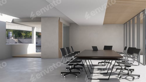 Preview: Black table and swivel chairs on cement floor and glass wall in meeting room of the office building.