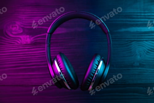 Preview: Black headphone on dark wooden background. Stylish wireless headset in neon light.
