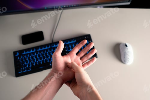 Preview: a tunnel syndrome, person working in office on computer and holding his hand, feeling pain