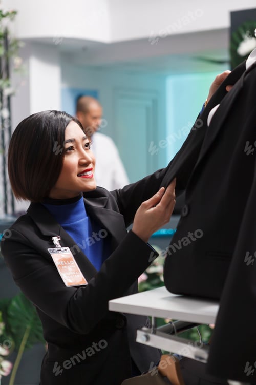 Preview: Seller checking jacket fir on mannequin