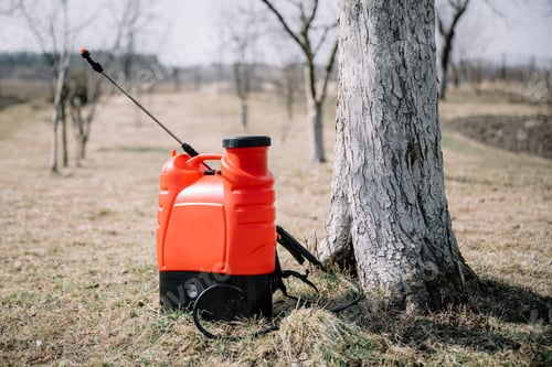 Preview: Red sprayer in spring garden