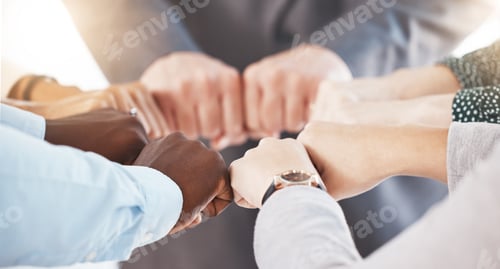 Preview: Hand, collaboration and motivation with the hands of a business team together in a huddle or circle
