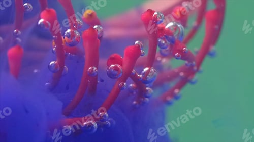 Preview: Ink with flower stamens. Stock footage. Close-up of bright flower stamens with bubbles and ink