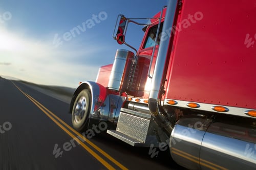 Preview: Side view of a Kenworth W900 Class 8 tuck moving on the highway.