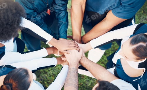 Preview: Above, hands and friends in sports huddle for support, collaboration or team building mission. Top