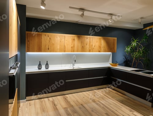 Preview: Stylish kitchen with modern white counter and sink