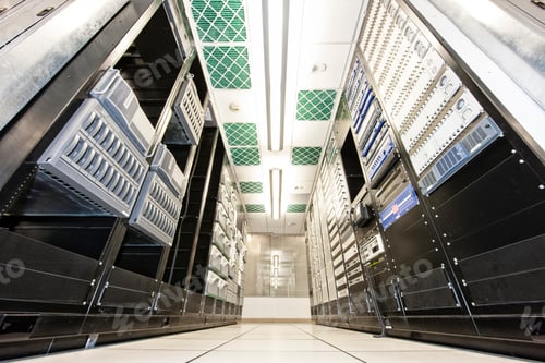 Preview: Storage racks aligned in a computer server room.