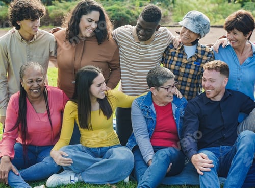 Preview: Group of multi generational people having fun together at city park - Multiracial friends outdoor