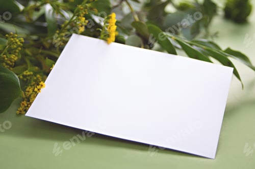 Preview: Card mock up on with green plants and flowers. Space for text. Greetings template