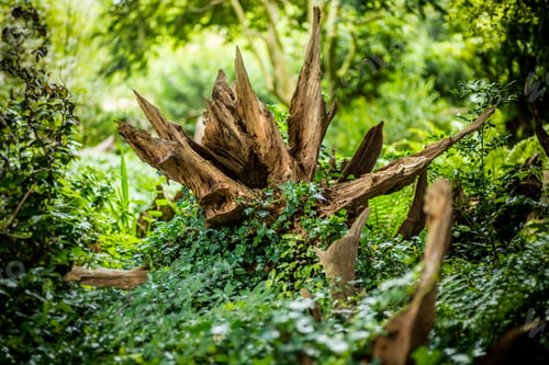 Preview: Closeup of a stumpery covered with greenery in the Gardens