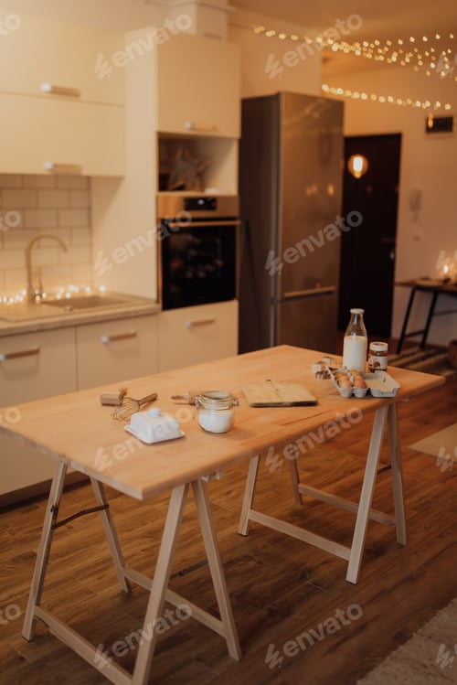 Preview: fresh ingredients for the dough on the wooden table in the Christmas atmosphere