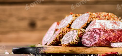 Preview: Different types of salami sausage on a wooden cutting board.