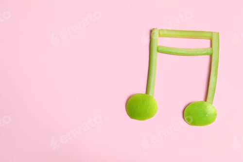 Preview: Musical note made of fruits and vegetables on color background, top view. Space for text