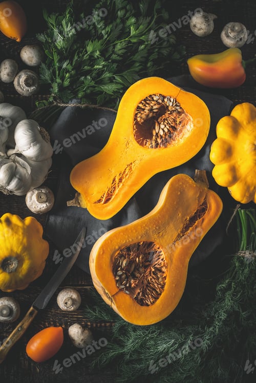 Preview: Pumpkin with different vegetables on the old wooden table vertical