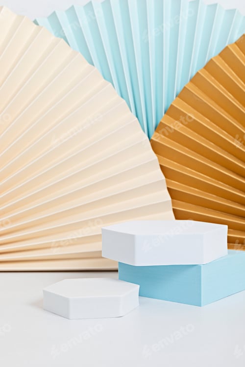 Preview: Podium, stand, platform for product presentation. Abstract background made of paper fans