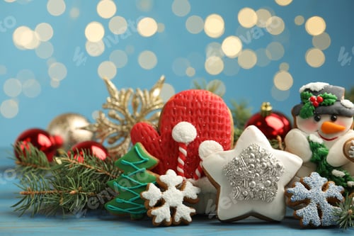 Preview: Sweet Christmas cookies and decor on light blue table against blurred festive lights