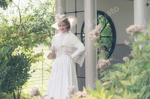 Preview: Vintage Posh Victorian Woman With Hat Standing In Bower.