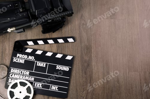 Preview: Modern video camera, movie clapper and reel on wooden table, flat lay. Space for text