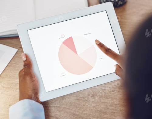 Preview: Tablet charts, marketing planning and worker doing review of corporate business success, advertisi