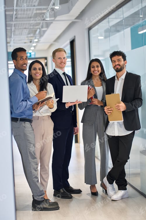 Preview: Happy professional team diverse business people in office. Vertical portrait.