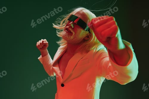 Preview: Stylish man dancing with futuristic glasses in a vibrant setting, showcasing a blend of retro and