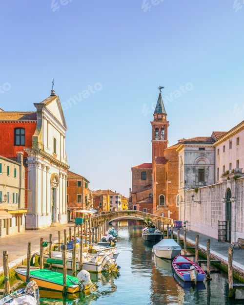 Preview: Chioggia town in Venetian Lagoon, canal and church. Veneto, Italy
