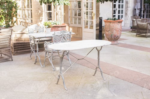 Preview: Cafe, coffee shop, tavern and restaurant concept - Outdoor street cafe tables ready for service