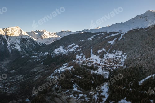 Preview: High angle shot of a Wintersport village, Sainte-Foy-Tarentaise in the Alps in France