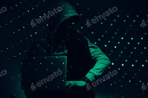 Preview: toned picture of silhouette of hacker in hoodie with laptop