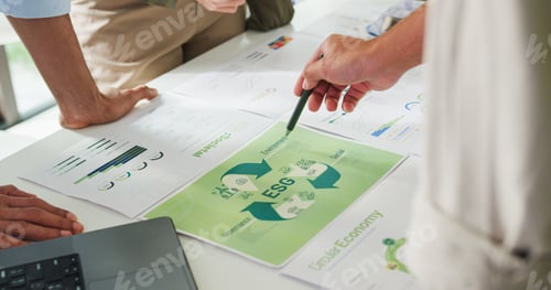 Preview: Closeup group Asia businesspeople talk ESG strategies risk management workshop.