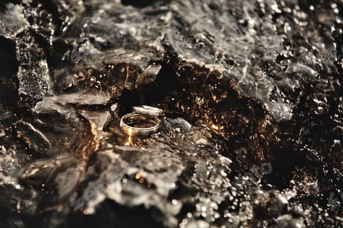 Preview: Beautiful wedding rings lie on the stones, on which the water flows. Wedding rings Details of the