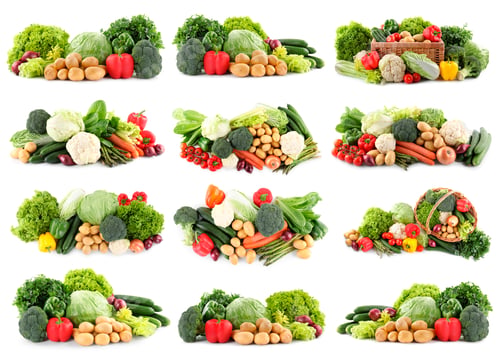 Preview: Fresh vegetables in piles on white background, set