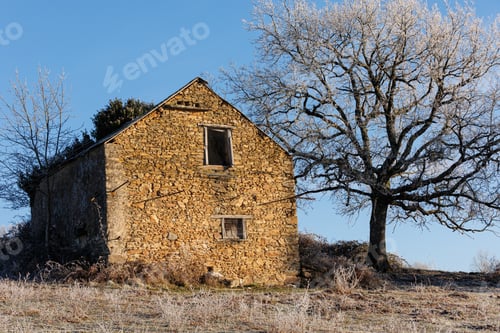 Preview: Large stone house on a snowy field next to a large tree