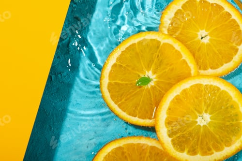 Preview: Orange slices in water, two tone background