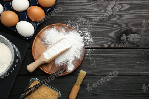 Preview: Flat lay composition with baking powder and products on black wooden table. Space for text