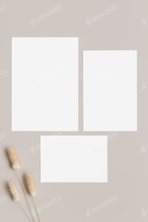 Preview: Wedding invitation stationery mockup with a lagurus decoration. Dimensions: 5x7", 5x3.5", 6x4".