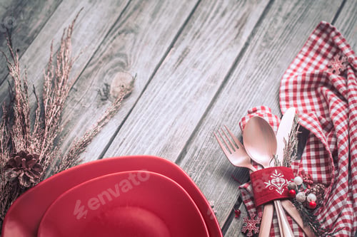 Preview: Christmas dinner cutlery with decor on a wooden background