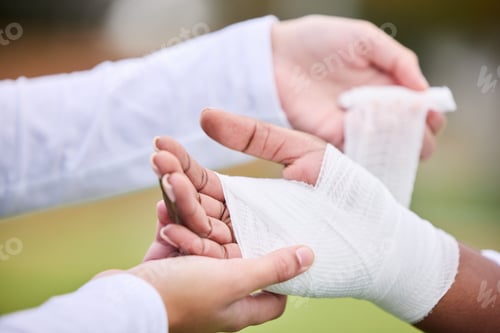 Preview: Sports, bandage and person with hand injury support, first aid emergency and strain after game, com