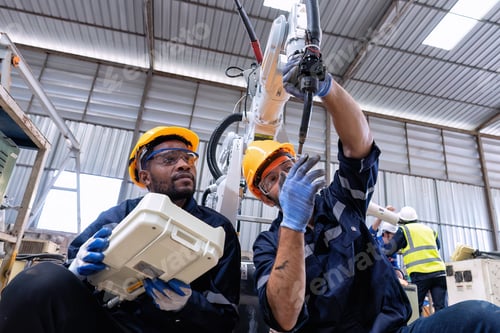 Preview: Maintenance engineer repair and programing robotic arm in factory Industry robot service shop