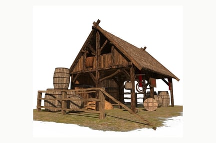 Preview: Medieval Viking Stable with Hay and Rustic Barrels