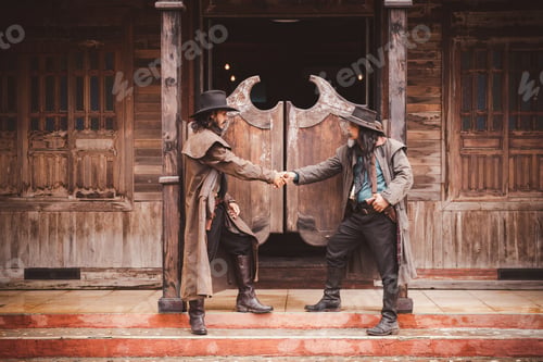 Preview: Cowboy posing shooting rifle by gun on hand to show protected weapon wearing cowboy dresser and hat