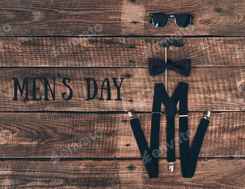 Preview: Men's day. High angle shot of suspenders, prop, bow tie and eyewear lying on wooden desk