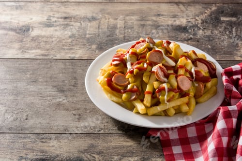 Preview: Typical Latin America Salchipapa. Sausages with fries, ketchup,