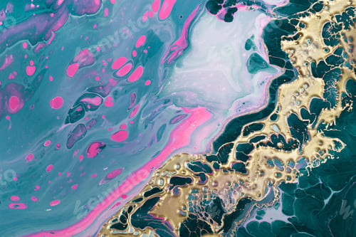 Preview: Pink neon bubbles and golden wave on emerald green background. Fluid Art. Marble effect background